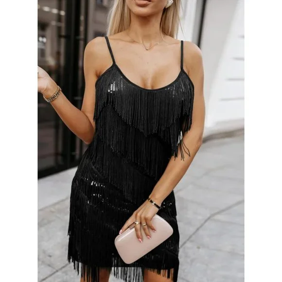 favorite holiday dress up day ideas Christen Metallic Sequin Fringe Party Dress main image 1